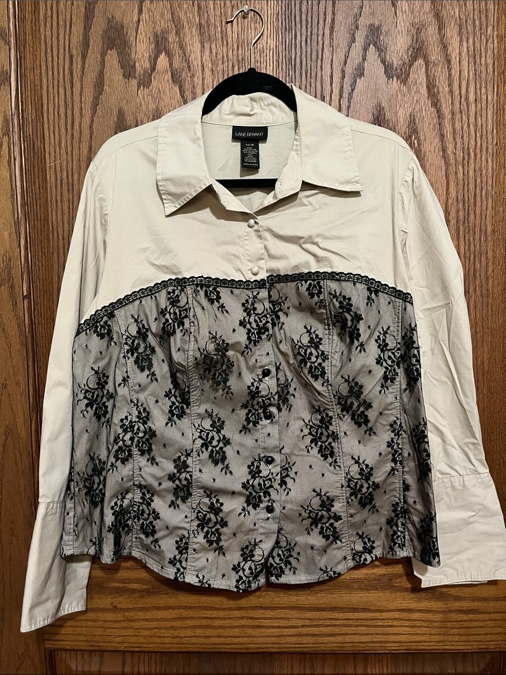 Lane Bryant Cream Shirt with Black Lace-Overlay Button Front